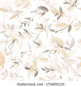 Seamless pattern with leaves and twigs. Golden decorative branches on white background. Vector illustration.