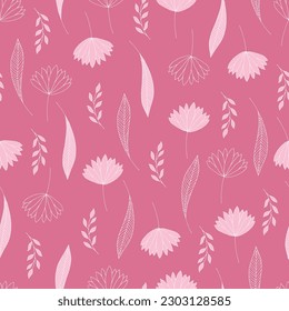 Seamless pattern with leaves and twigs. Hand-drawn cute pink background.