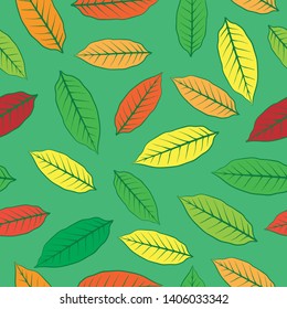 Seamless pattern of leaves in various colors. Green background. Vector illustration.