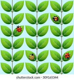 Seamless pattern of leaves with various ladybugs, abstract vector background, eps 10