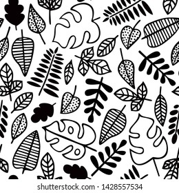 Seamless pattern. Leaves of various plants isolated on white background. Texture for print, wallpaper, home decor, textile, package design