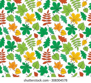Seamless pattern with leaves of various trees. Vector