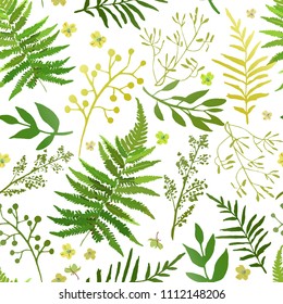 Seamless pattern with leaves. Vector floral set with hand drawn green foliage and flowers. Design for prints and textile.