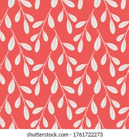 Seamless pattern of  leaves vector illustration with white color and red background. Nature background ormanent in flat design style