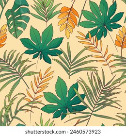 Seamless pattern with leaves. Vector illustration of areca palm, aralia palm, monstera. For fabric, textile, wrapping paper, cover, package. Tropical leaves.