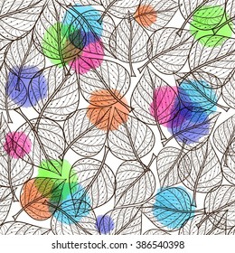 seamless pattern of leaves and watercolor spots on a white background