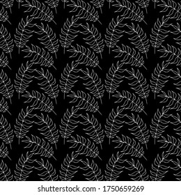 Seamless pattern with leaves. White outline drawing of leaves on a black background. Vector image. Print for scrapbooking, packaging, wrapping paper, notebook covers, textiles.