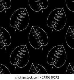 Seamless pattern with leaves. White outline drawing of leaves on a black background. Vector image. Print for scrapbooking, packaging, wrapping paper, notebook covers, textiles.