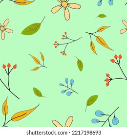 Seamless Pattern Leaves with yellow, green, blue stems with yellow flowers. Hand drawn cute on green background. Designed for clothes, curtains, garments, blankets, home products, tiles.