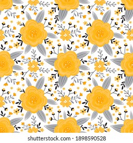 Seamless pattern with leaves and yellow roses on a white background. The trendy colors of 2021 are Illuminating Yellow and Ultimate Gray.