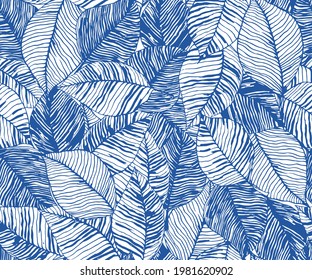 Seamless pattern with leaves,Abstract leaves stripe background pattern.Seamless stylish blue leaves pattern