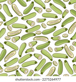 Seamless pattern with Lebanese zucchini or Green courgette. Courgette or marrow. Summer squash. Cucubits. Fruit and vegetables. Cartoon style. Vector illustration isolated on white background.