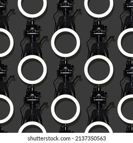 Seamless pattern of LED ring lamp with adjustable brightness for a studio camera, photo phone, video lamp with tripods. Vector stock illustration eps10.