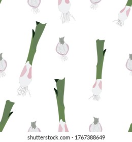 Patrón sin foco con Leek. Agujas verdes y rodajas. Menú vegetariano. Diseño perfecto para menú, cocina, impresión. Ilustración del doodle vectorial.	
