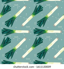 Seamless pattern with leek on a blue background. Wallpaper, print, wrapping paper, banner, poster, promotional material. Vector illustration.