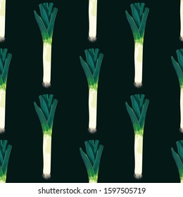 Seamless pattern with leek. Stylized green leek. Wallpaper, print, wrapping paper, banner, poster, promotional material. Vector illustration.