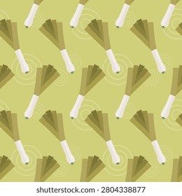 seamless pattern leek vegetable food allotment kitchen on green background vector wallpaper textile giftwrap fabric