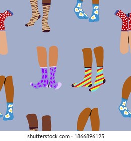 Patrón sin foco. Piernas en los calcetines. Decorado con diferentes impresiones frescas y coloridas. С ilustración de moda. Diseño plano vectorial