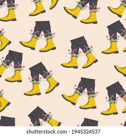 Patrón de piernas impecable con zapatos de moda y botas con flores y plantas. Ilustración plana del vector aislada en fondo blanco