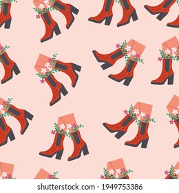 Patrón de piernas impecable con zapatos de moda y botas con flores y plantas. Ilustración plana del vector aislada en fondo blanco