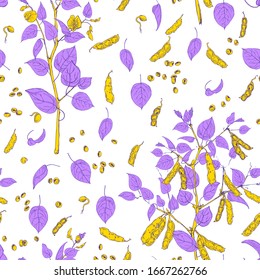 Seamless pattern with legume crops hand drawn in line art style isolated on white background. Vector illustration Ideal for the design of fabrics, packaging materials, organic farm products.