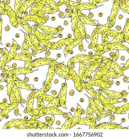 Seamless pattern with legume crops hand drawn in line art style isolated on white background. Vector illustration Ideal for the design of fabrics, packaging materials, organic farm products.