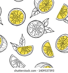 Seamless pattern with lemon. Beautiful exotic print for invitation, greeting card, wallpaper, background