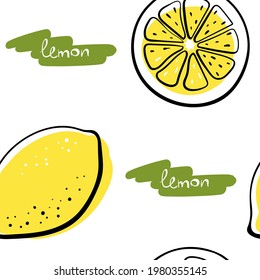Seamless pattern with lemon in black line sketchy style isolated on white background. Tropical fruits. Doodle hand drawn vector illustration