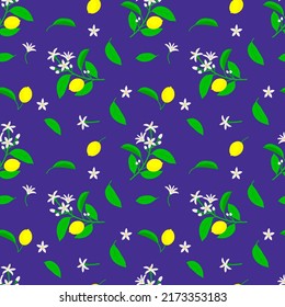 Seamless pattern with lemon branch, fruit with flowers and leaves. Vector color illustration on the dark blue background.