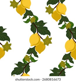 Um padrão sem emenda com ramos de limão e flores em um fundo branco. Uma impressão estilizada, fresca e vibrante de estilo plano, adequada para vestuário, papel de parede, têxteis e embalagem.