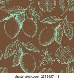 Seamless pattern with lemon branches with fruits and flowers. Drawing in retro engrawing style. Black and white vector illustration.