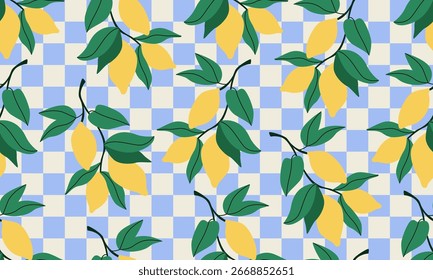 Patrón sin fisuras con ramas de limón y hojas. Vector Fondo de pantalla tropical plano con fondo a cuadros
