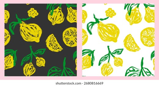 A seamless pattern with lemon branches on a white and black background. Stylized, fresh, and textured with brush strokes, suitable for apparel, wallpaper, textiles, and packaging
