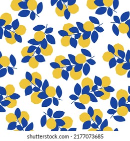 Seamless pattern of lemon branches. Plant with ripe fruit and blue leaves on white background. Vector illustration