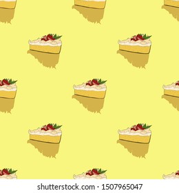 Seamless pattern with lemon cake with meringues and strawberries. Vector texture. Kitchen textiles.