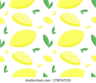 Seamless pattern with lemon cartoon on white background. Tropical seamless pattern with yellow lemons. Fruit repeated background. 