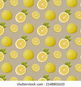 Seamless pattern lemon citrus fruit vector illustration. Slices and whole with leaves. Vitamin summer healthy food on a beige background for packaging, wrapping paper, textile, gift
