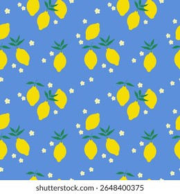 Seamless pattern with Lemon Citrus fruits and flower. Repeating vector blue background with yellow citrons, leaf, bloom tree. Rapport with Lime plant branch for wrapping, textile, paper, card, print