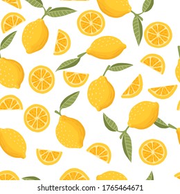 Seamless pattern of lemon citrus yellow fruit whole halved and sliced with green leaves flat vector illustration on white background