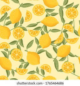 Seamless pattern of lemon citrus yellow fruit whole halved and sliced with green leaves flat vector illustration on beige background