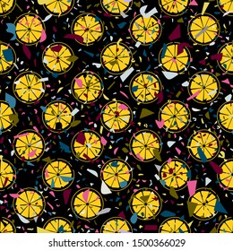 Seamless pattern of lemon with colored stones on a black background