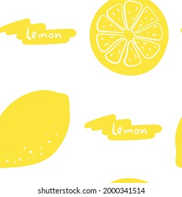 Seamless pattern with lemon. Colorful paper cut ctropical fruits isolated on white background. Doodle hand drawn vector illustration