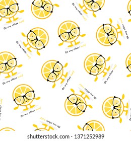 Seamless pattern with lemon cute smile character in glasses. Cartoon yellow fruit card. Vector Illustration. Be my other half poster