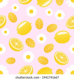 Seamless pattern with lemon and daisy flower on pink background vector illustration.