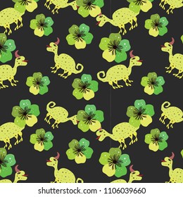 Seamless pattern with lemon dinosaurs and flowers.