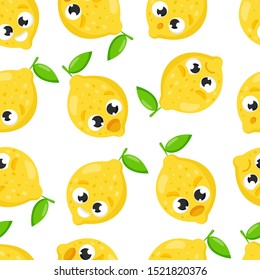 Seamless pattern with lemon emoji. Cute fruit vector character isolated on white. 
