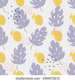Seamless pattern of lemon, floral and abstract shape, sticker, design element, plant, leaves, hand drawn in trendy doodle style. Vector illustrations for paper, cover, fabric, interior decor.
