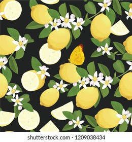 Seamless pattern of lemon with flower and butterfly on black background template. Vector set of herbal element for advertising, packaging design of lemon tea products and fashion design.