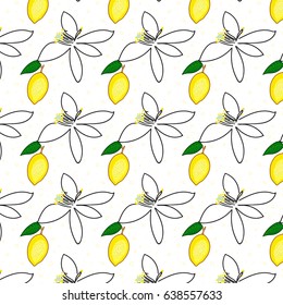 seamless pattern with lemon flower, hand drawn citrus