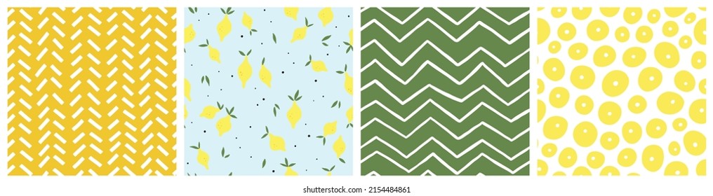 Seamless pattern with lemon, flowers and abstract elements. Vector backgrounds with hand drawn fruits, plants, abstract shapes. Creative texture for fabric, textile
